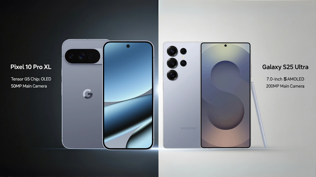 Pixel 10 Pro XL and Galaxy S25 Ultra smartphone side by side